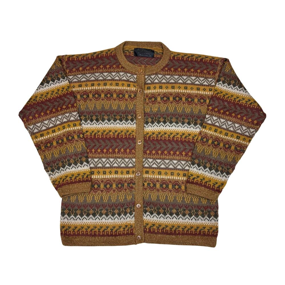VTG Alpaca Fair Isle Knit Cardigan Sweater Women's Medium Boho Cottage Western